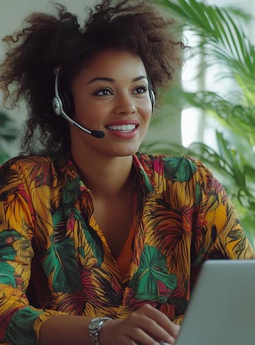 Femme souriante avec casque audio, symbolisant un agent de service client intelligent et réactif.