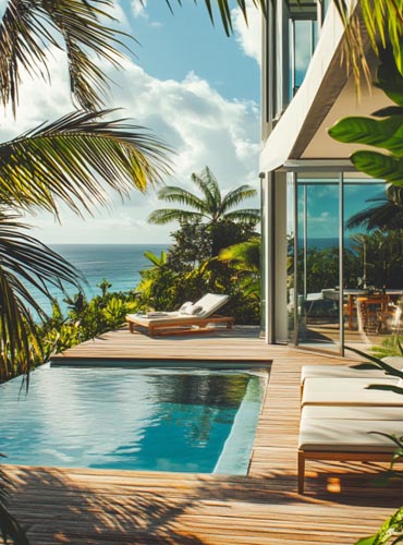 Maison de vacances avec piscine et vue sur la mer, illustrant l’utilisation d’agents IA pour la gestion de locations.