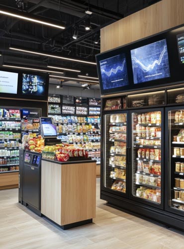 Rayons de supermarché avec écrans publicitaires, illustrant la programmation musicale et les spots publicitaires en magasin.