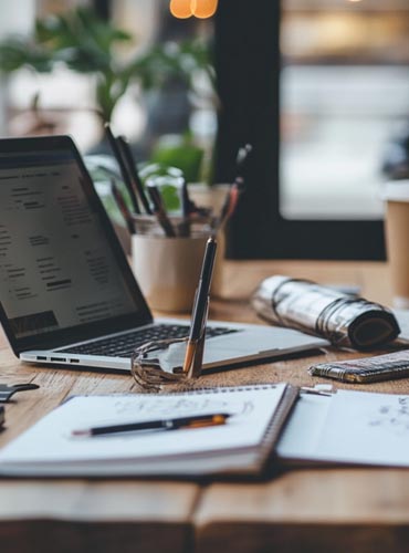 Bureau moderne avec ordinateur portable, carnet de notes et stylo, illustrant la création de contenu marketing.