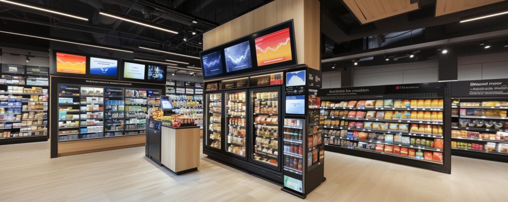 Rayons de supermarché avec écrans publicitaires, illustrant la programmation musicale et les spots publicitaires en magasin.