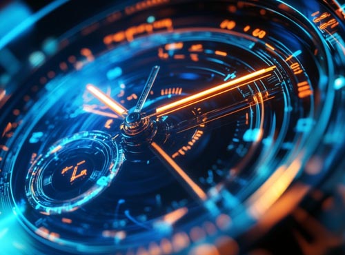 Horloge futuriste avec effets lumineux, illustrant une technologie innovante qui libère du temps.